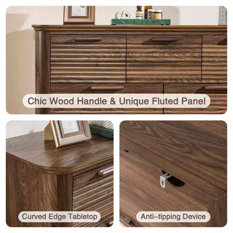 JVNOXK Commode Moderne à Sept Tiroirs en Bois de 132 cm, Adaptée à la Chambre, avec Design à Contours Courbés, Meuble de Rangement pour Salon, Noyer