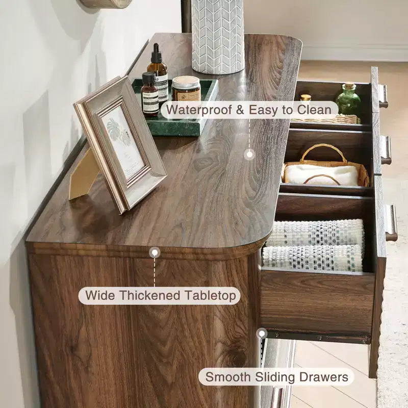 JVNOXK Commode Moderne à Sept Tiroirs en Bois de 132 cm, Adaptée à la Chambre, avec Design à Contours Courbés, Meuble de Rangement pour Salon, Noyer
