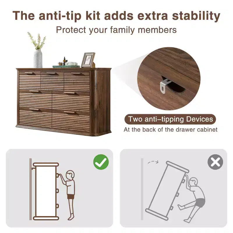 JVNOXK Commode Moderne à Sept Tiroirs en Bois de 132 cm, Adaptée à la Chambre, avec Design à Contours Courbés, Meuble de Rangement pour Salon, Noyer