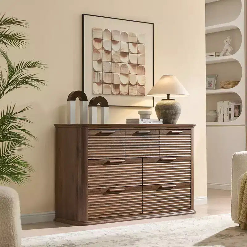 JVNOXK Commode Moderne à Sept Tiroirs en Bois de 132 cm, Adaptée à la Chambre, avec Design à Contours Courbés, Meuble de Rangement pour Salon, Noyer