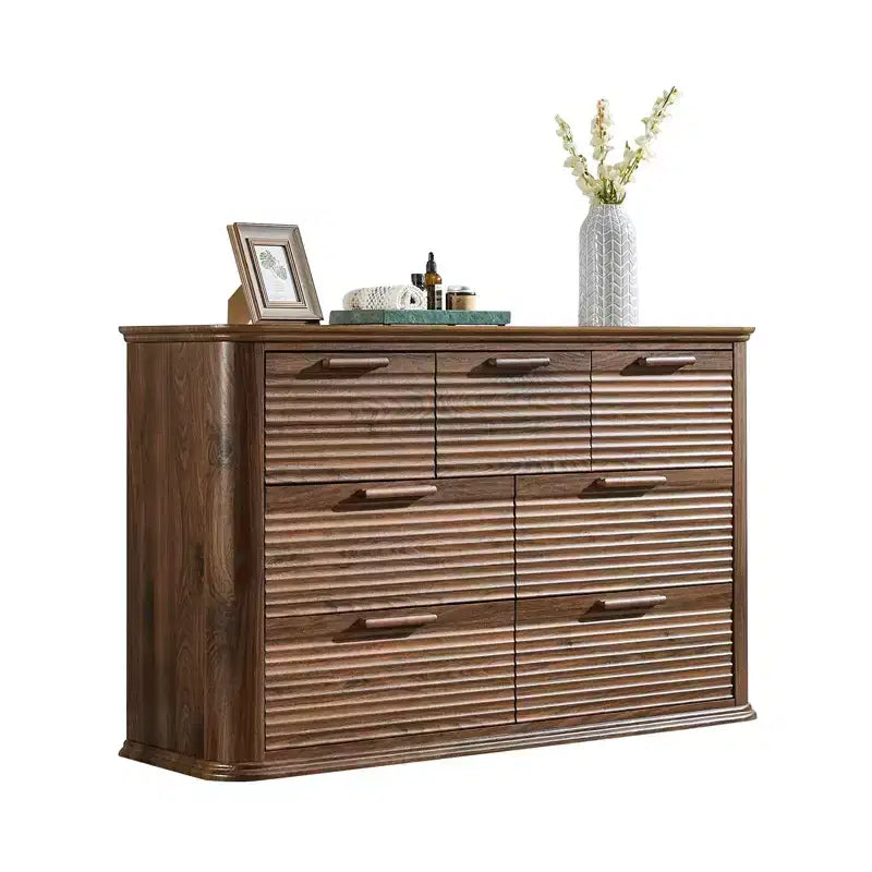 JVNOXK Commode Moderne à Sept Tiroirs en Bois de 132 cm, Adaptée à la Chambre, avec Design à Contours Courbés, Meuble de Rangement pour Salon, Noyer
