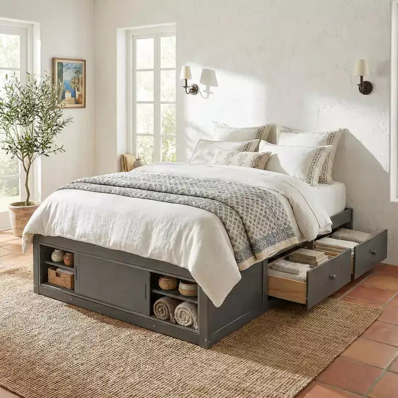 Whisen Queen Platform Bed Frame with 4 Storage Drawers and Footboard Storage