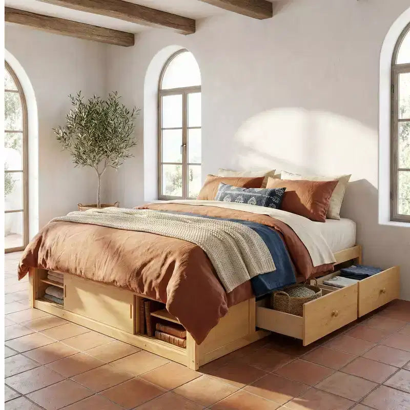 Cadre de lit plateforme Whisen Queen avec 4 tiroirs de rangement et rangement dans le pied de lit