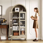 Armoire de rangement de cuisine, Meuble de rangement de cuisine de 180 cm de haut au design de ferme arqué avec lumières LED, étagères réglables et porte vitrée, Chêne