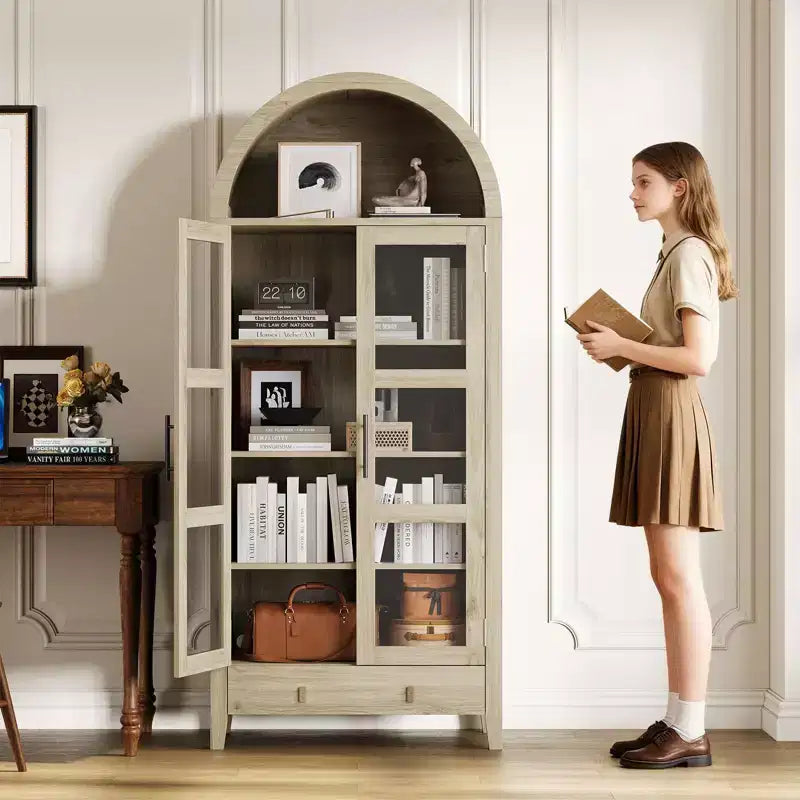 Armoire de rangement de cuisine, Meuble de rangement de cuisine de 180 cm de haut au design de ferme arqué avec lumières LED, étagères réglables et porte vitrée, Chêne