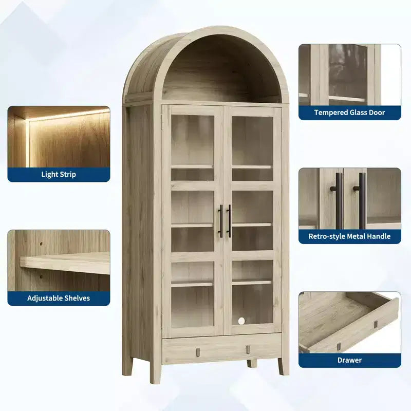 Armoire de rangement de cuisine, Meuble de rangement de cuisine de 180 cm de haut au design de ferme arqué avec lumières LED, étagères réglables et porte vitrée, Chêne
