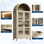 Armoire de rangement de cuisine, Meuble de rangement de cuisine de 180 cm de haut au design de ferme arqué avec lumières LED, étagères réglables et porte vitrée, Chêne