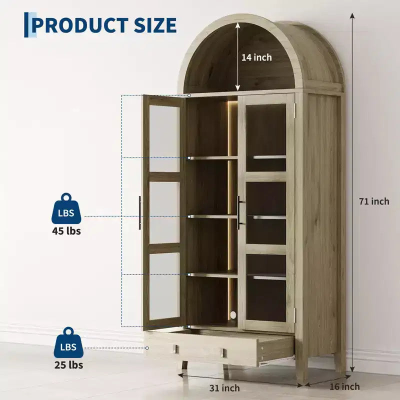 Armoire de rangement de cuisine, Meuble de rangement de cuisine de 180 cm de haut au design de ferme arqué avec lumières LED, étagères réglables et porte vitrée, Chêne