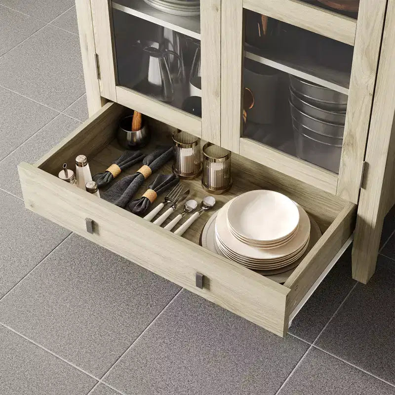 Armoire de rangement de cuisine, Meuble de rangement de cuisine de 180 cm de haut au design de ferme arqué avec lumières LED, étagères réglables et porte vitrée, Chêne