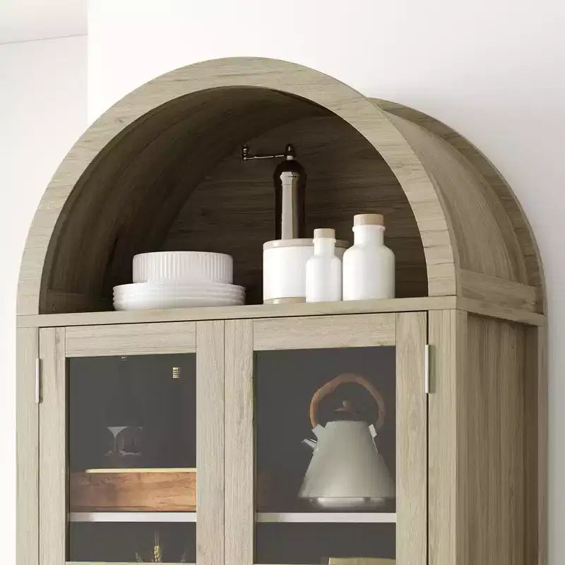 Armoire de rangement de cuisine, Meuble de rangement de cuisine de 180 cm de haut au design de ferme arqué avec lumières LED, étagères réglables et porte vitrée, Chêne