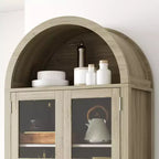 Armoire de rangement de cuisine, Meuble de rangement de cuisine de 180 cm de haut au design de ferme arqué avec lumières LED, étagères réglables et porte vitrée, Chêne