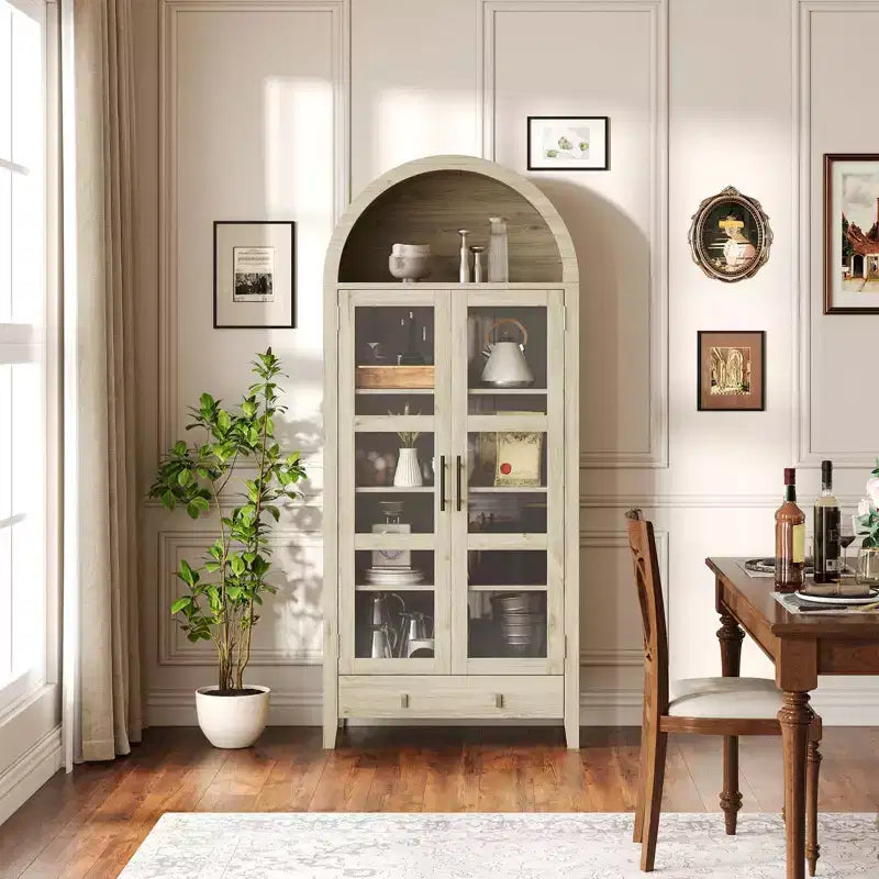 Armoire de rangement de cuisine, Meuble de rangement de cuisine de 180 cm de haut au design de ferme arqué avec lumières LED, étagères réglables et porte vitrée, Chêne
