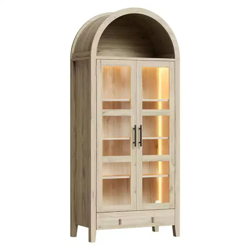 Armoire de rangement de cuisine, Meuble de rangement de cuisine de 180 cm de haut au design de ferme arqué avec lumières LED, étagères réglables et porte vitrée, Chêne