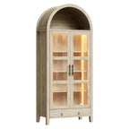 Armoire de rangement de cuisine, Meuble de rangement de cuisine de 180 cm de haut au design de ferme arqué avec lumières LED, étagères réglables et porte vitrée, Chêne