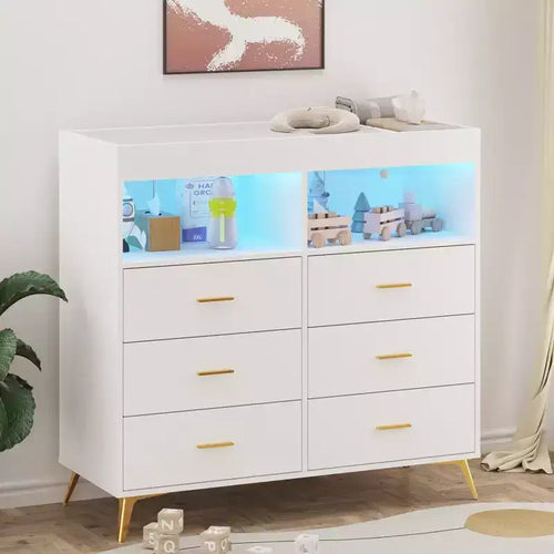 6-Drawer Convertible Baby Dresser with Changing Top & Pad  Modern Nursery Dresser for Infant Essentials, Tech-Ready Design