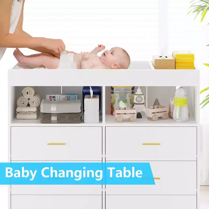 Commode bébé transformable 6 tiroirs avec plateau à langer et matelas – Commode de chambre d'enfant moderne pour articles essentiels de bébé, conception compatible technologie