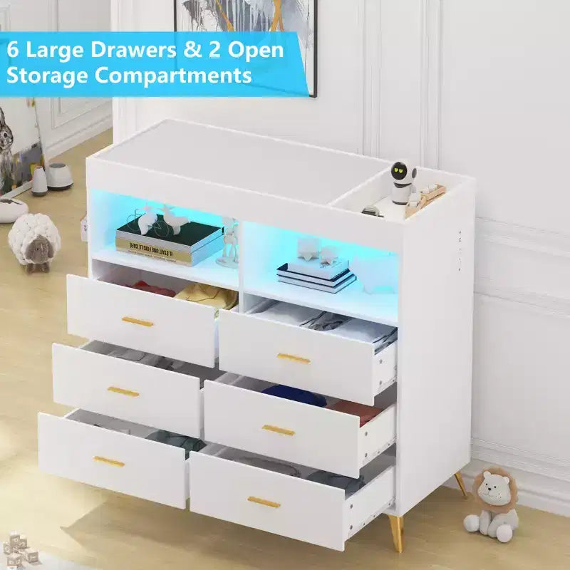 Commode bébé transformable 6 tiroirs avec plateau à langer et matelas – Commode de chambre d'enfant moderne pour articles essentiels de bébé, conception compatible technologie