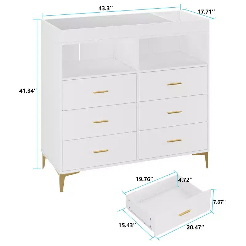 Commode bébé transformable 6 tiroirs avec plateau à langer et matelas – Commode de chambre d'enfant moderne pour articles essentiels de bébé, conception compatible technologie