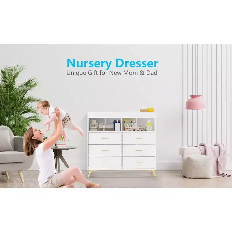 Commode bébé transformable 6 tiroirs avec plateau à langer et matelas – Commode de chambre d'enfant moderne pour articles essentiels de bébé, conception compatible technologie