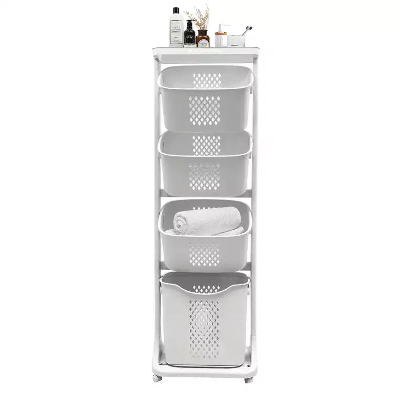 Trieur de paniers à linge à 4 niveaux JVNOXK, organisateur de rangement à linge roulant avec roues amovibles, chariot à linge sale de salle de bain, blanc