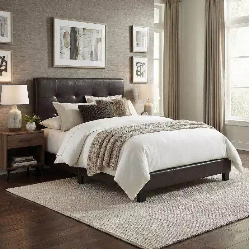 GDFStudio Carter Contemporary Faux Leather Upholstered Platform Bed Frame with Adjustable Headboard