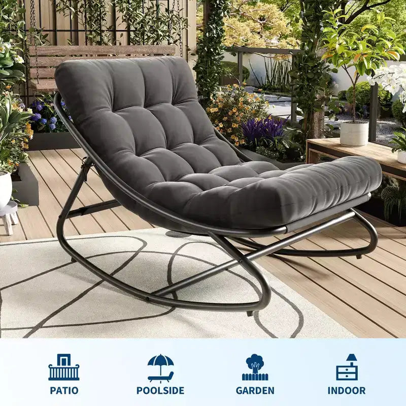 Fauteuil à bascule extérieur surdimensionné, cadre en métal, capacité de 180 kg, chaise longue à bascule confortable pour patio, véranda, jardin, balcon, salon