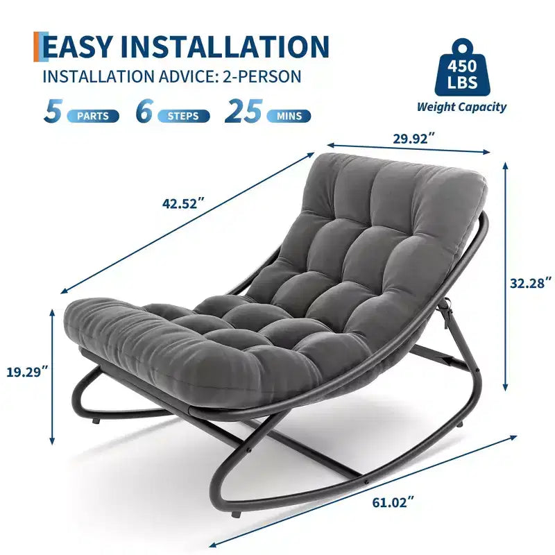 Fauteuil à bascule extérieur surdimensionné, cadre en métal, capacité de 180 kg, chaise longue à bascule confortable pour patio, véranda, jardin, balcon, salon