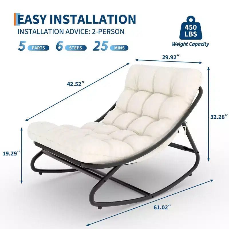 Fauteuil à bascule extérieur surdimensionné, cadre en métal, capacité de 180 kg, chaise longue à bascule confortable pour patio, véranda, jardin, balcon, salon