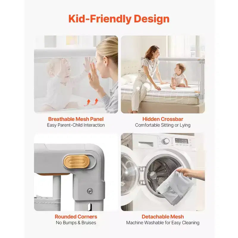 VEVOR Barrière de lit pour tout-petit, 3 pièces, Protection de lit pour enfants avec tube en fer renforcé et tissu Oxford, Rail de lit latéral à hauteur réglable, 3 côtés, Gris