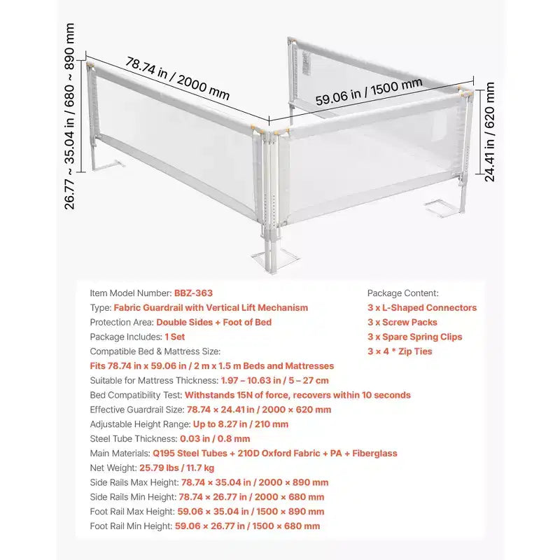 VEVOR Barrière de lit pour tout-petit, 3 pièces, Protection de lit pour enfants avec tube en fer renforcé et tissu Oxford, Rail de lit latéral à hauteur réglable, 3 côtés, Gris