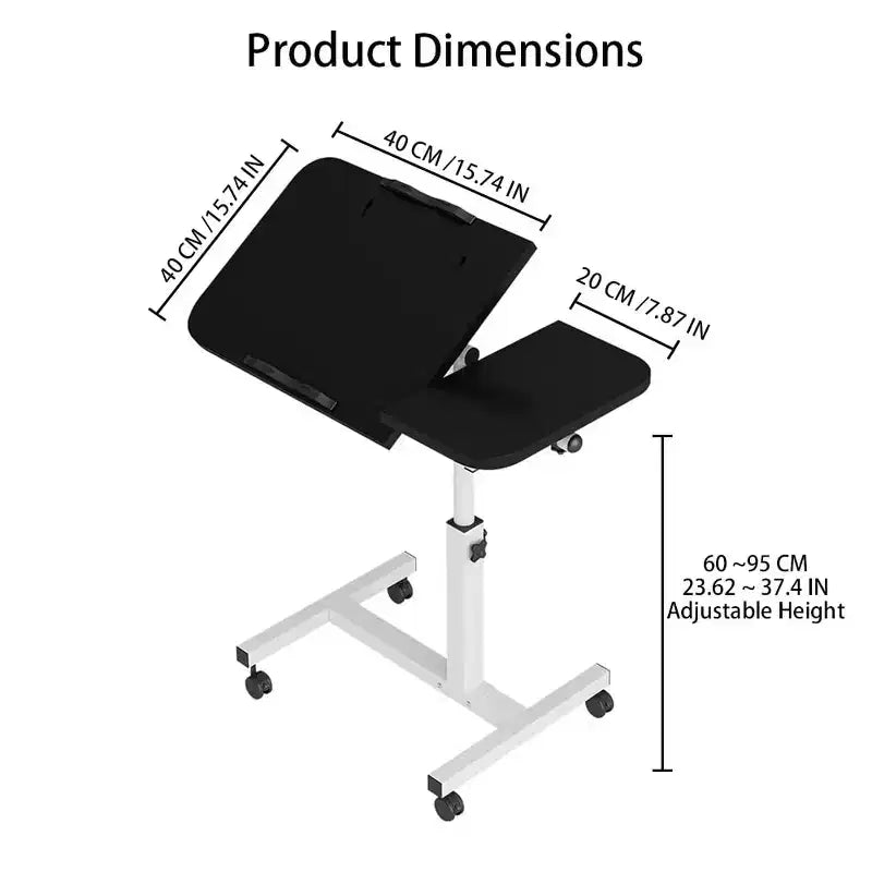 Table de lit réglable (60-95cm) avec roulettes, plateau roulant noir pour hôpital/salon, surface antidérapante