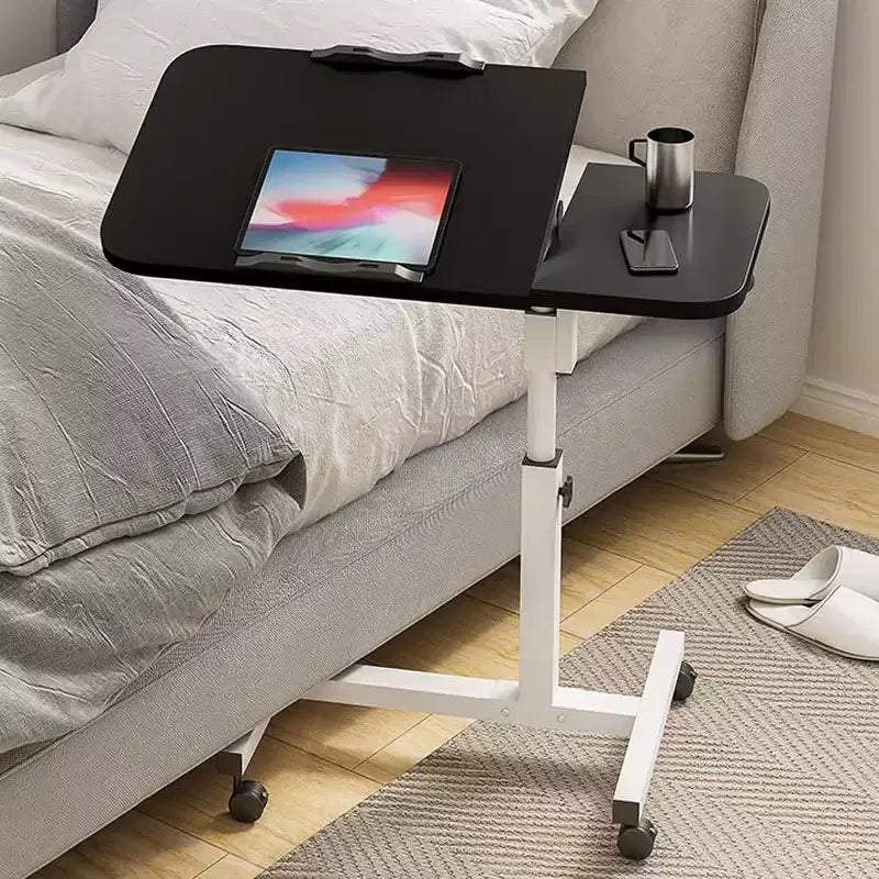 Table de lit réglable (60-95cm) avec roulettes, plateau roulant noir pour hôpital/salon, surface antidérapante
