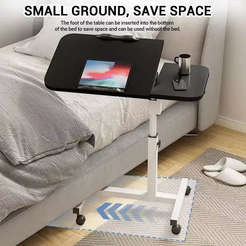 Table de lit réglable (60-95cm) avec roulettes, plateau roulant noir pour hôpital/salon, surface antidérapante