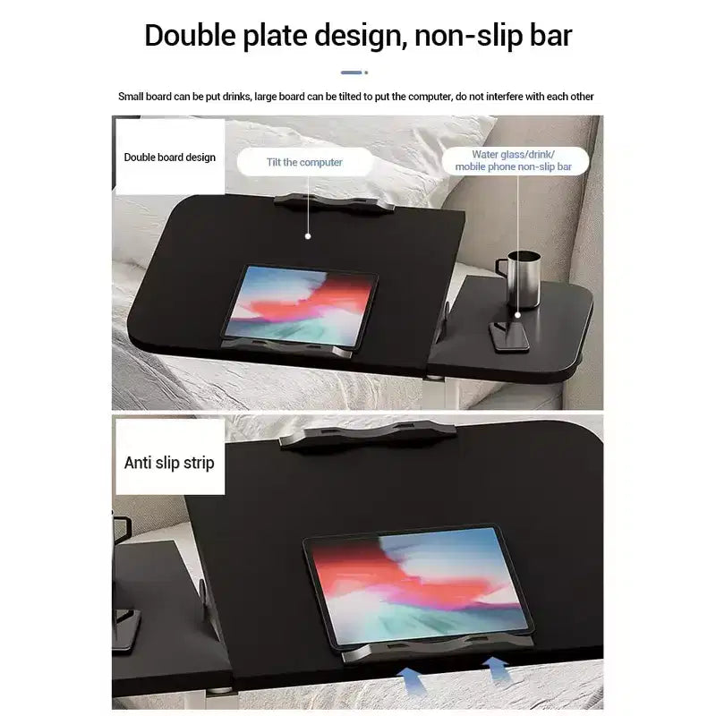 Table de lit réglable (60-95cm) avec roulettes, plateau roulant noir pour hôpital/salon, surface antidérapante
