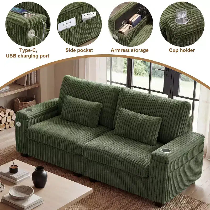 Canapé 2 places moderne Dyonery 91 avec accoudoirs de rangement pour le salon, canapé 2 places en velours côtelé avec poches latérales/chargement USB et porte-gobelets, assise profonde