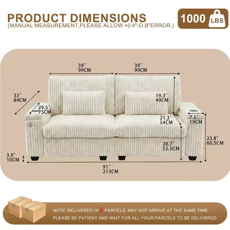 Canapé 2 places moderne Dyonery 91 avec accoudoirs de rangement pour le salon, canapé 2 places en velours côtelé avec poches latérales/chargement USB et porte-gobelets, assise profonde