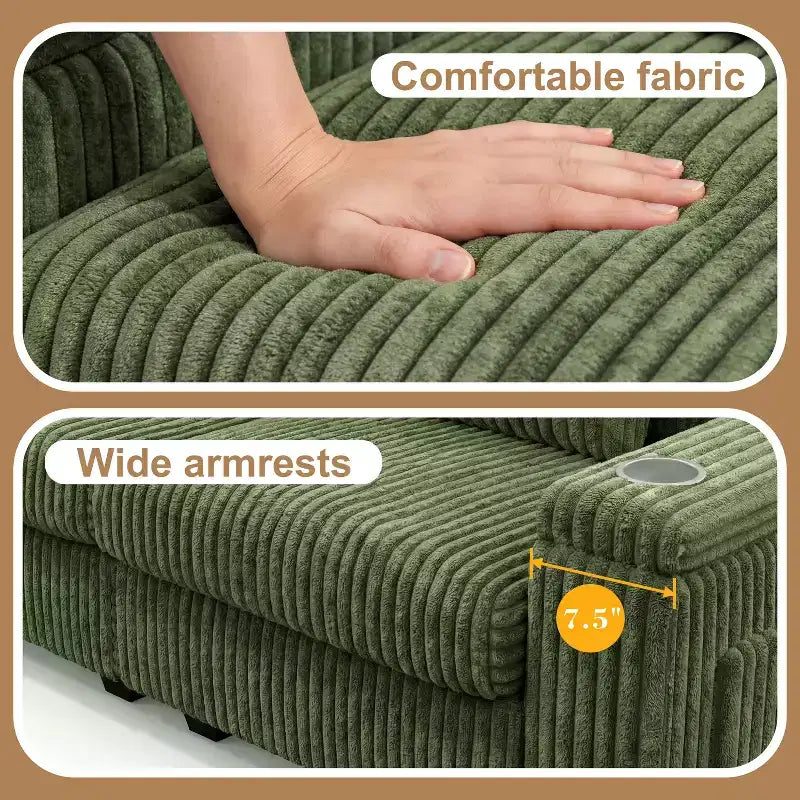 Canapé 2 places moderne Dyonery 91 avec accoudoirs de rangement pour le salon, canapé 2 places en velours côtelé avec poches latérales/chargement USB et porte-gobelets, assise profonde