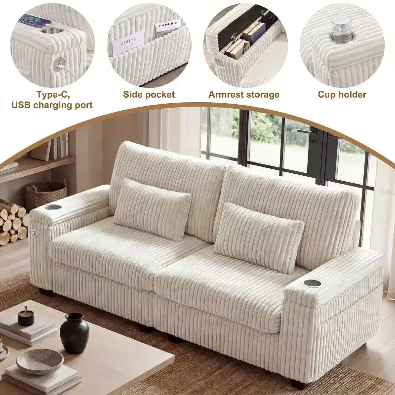 Canapé 2 places moderne Dyonery 91 avec accoudoirs de rangement pour le salon, canapé 2 places en velours côtelé avec poches latérales/chargement USB et porte-gobelets, assise profonde