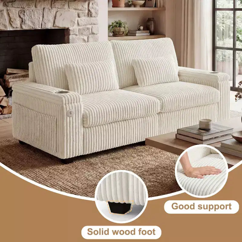 Canapé 2 places moderne Dyonery 91 avec accoudoirs de rangement pour le salon, canapé 2 places en velours côtelé avec poches latérales/chargement USB et porte-gobelets, assise profonde