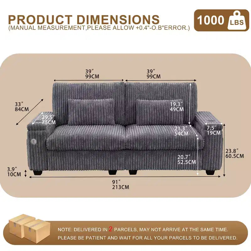 Canapé 2 places moderne Dyonery 91 avec accoudoirs de rangement pour le salon, canapé 2 places en velours côtelé avec poches latérales/chargement USB et porte-gobelets, assise profonde