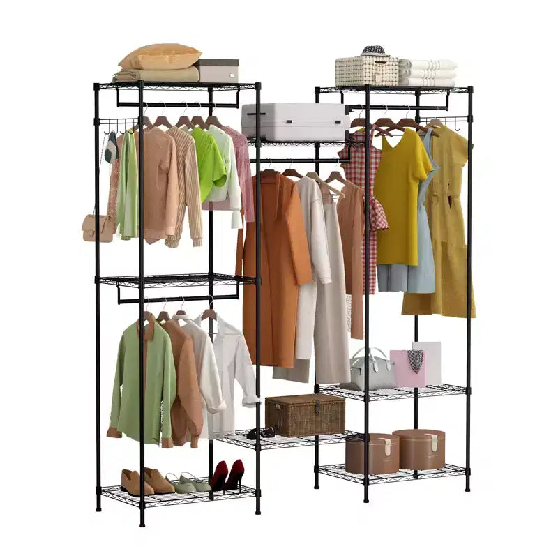 Heavy-Duty Metal Clothes Hanger with Adjustable Shelves, Hanging Rods, and Hooks, Freestanding Portable Wardrobe Suitable for Bedrooms, Entryways