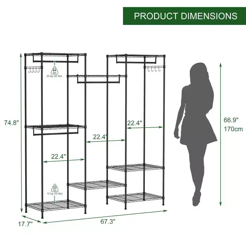 Porte-vêtements métallique robuste avec étagères réglables, tringles de suspension et crochets, penderie portable autoportante adaptée aux chambres à coucher, entrées