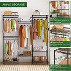 Porte-vêtements métallique robuste avec étagères réglables, tringles de suspension et crochets, penderie portable autoportante adaptée aux chambres à coucher, entrées