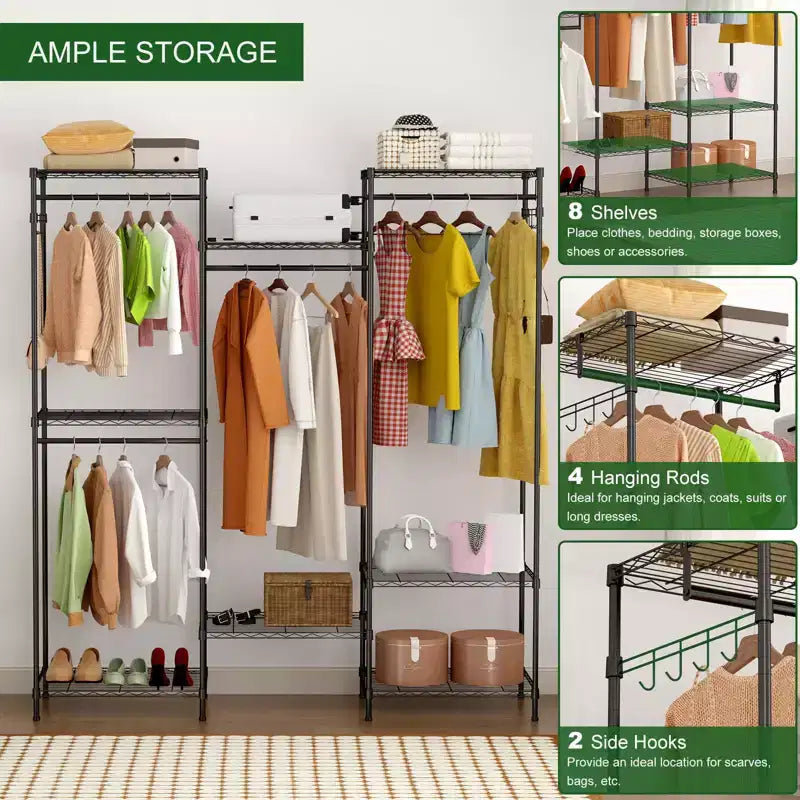 Porte-vêtements métallique robuste avec étagères réglables, tringles de suspension et crochets, penderie portable autoportante adaptée aux chambres à coucher, entrées