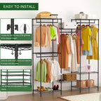 Porte-vêtements métallique robuste avec étagères réglables, tringles de suspension et crochets, penderie portable autoportante adaptée aux chambres à coucher, entrées