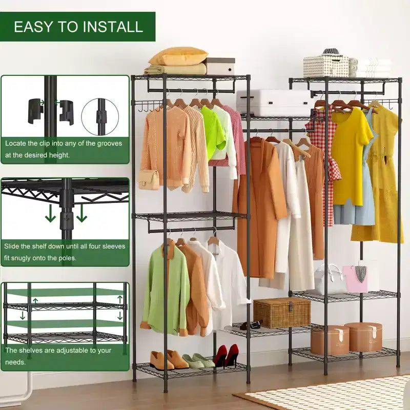 Porte-vêtements métallique robuste avec étagères réglables, tringles de suspension et crochets, penderie portable autoportante adaptée aux chambres à coucher, entrées