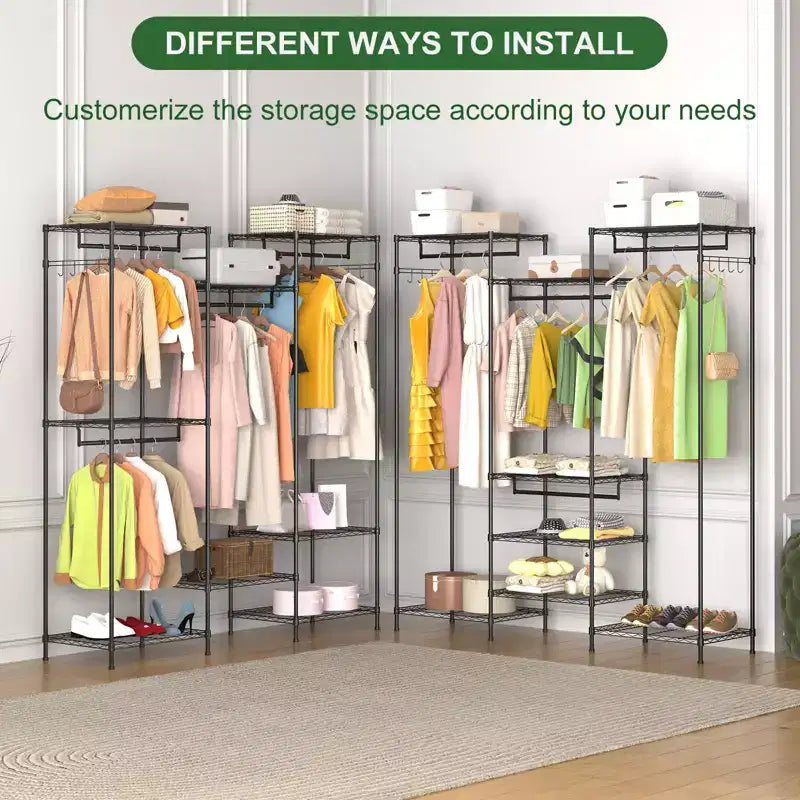 Porte-vêtements métallique robuste avec étagères réglables, tringles de suspension et crochets, penderie portable autoportante adaptée aux chambres à coucher, entrées