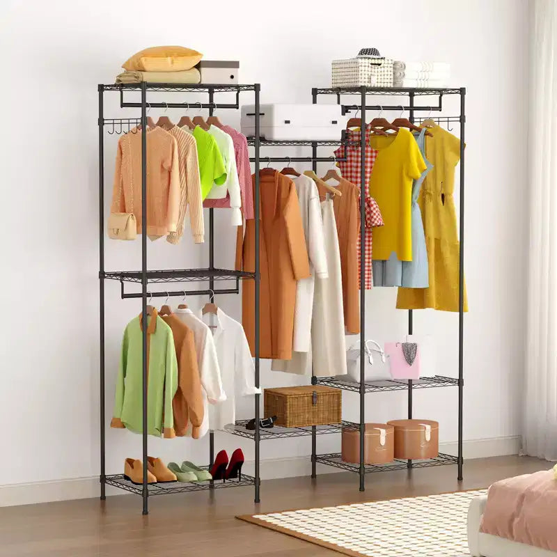Porte-vêtements métallique robuste avec étagères réglables, tringles de suspension et crochets, penderie portable autoportante adaptée aux chambres à coucher, entrées