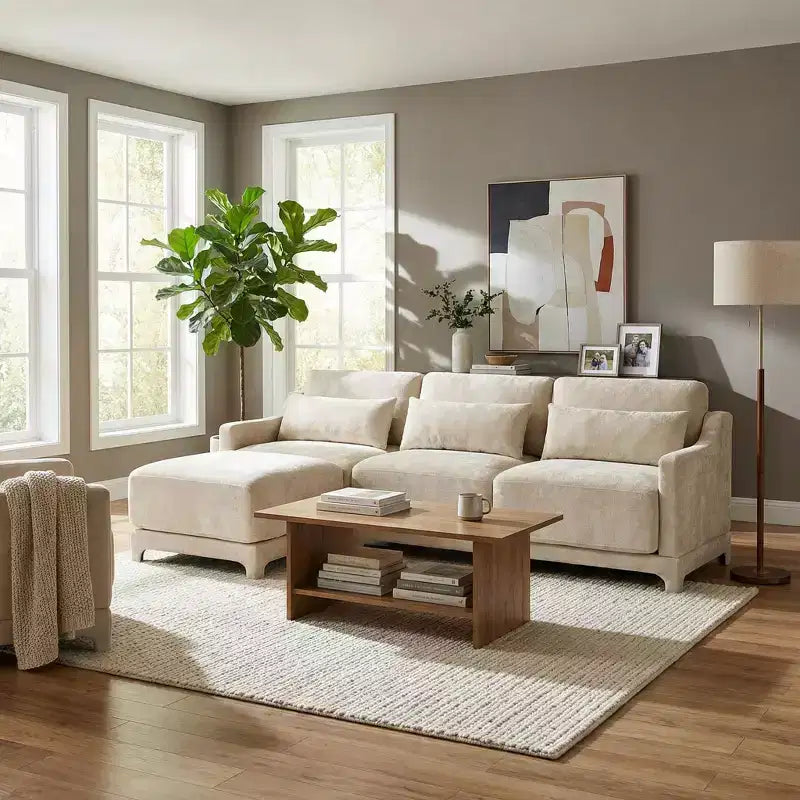 Homy Casa 3-Seater Chenille Sofa with Movable Ottoman, Modular Upholstered Sectional Couch for Living Room