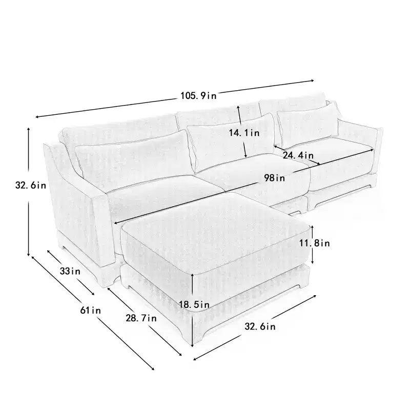 Homy Casa Canapé 3 places en chenille avec pouf mobile, canapé sectionnel modulable rembourré pour salon